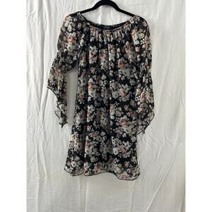Love Ryan Black Floral‎ Grunge Knee Dress Flare Sleeve Fairy Size M Sheer Lined